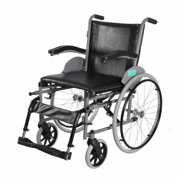 Imperio Wheelchair with Fixed Big Wheels (Spoke) | Fixed Armrest | Foldable | Weight Bearing Capacity 110kg | Color (Blue/Grey) - Vissco Rehabilitation