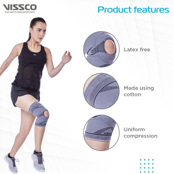 Knee Cap With Open Patella |Ideal mild support to reduce pressure on patella & provide Pain Relief | Color - Grey (Single Piece) - Vissco Rehabilitation